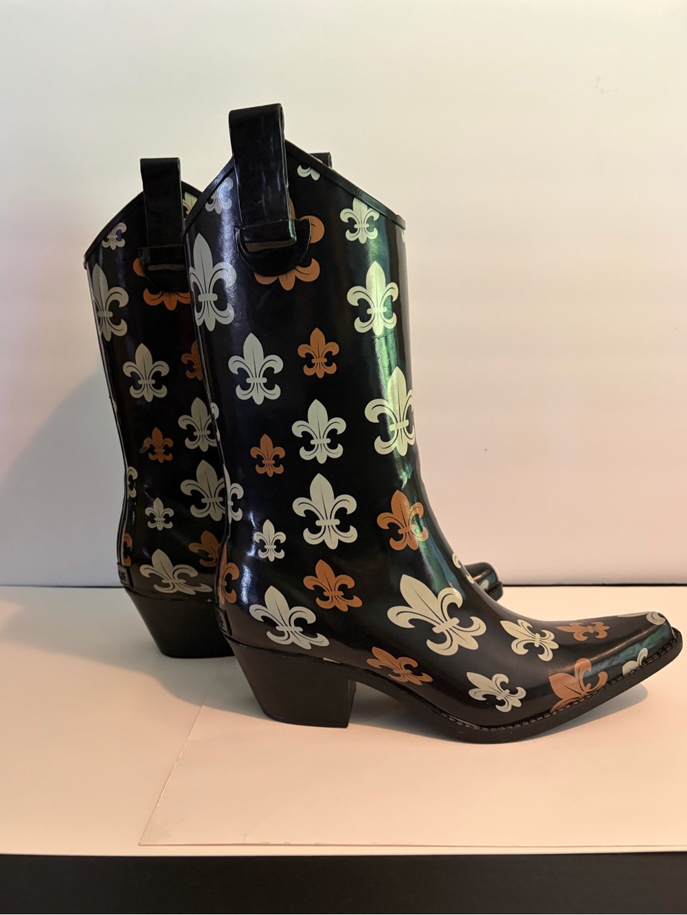 Corkys black Fleur De Lis cowboy style rubber rainbow boots women’s size 9 - Picture 2 of 11
